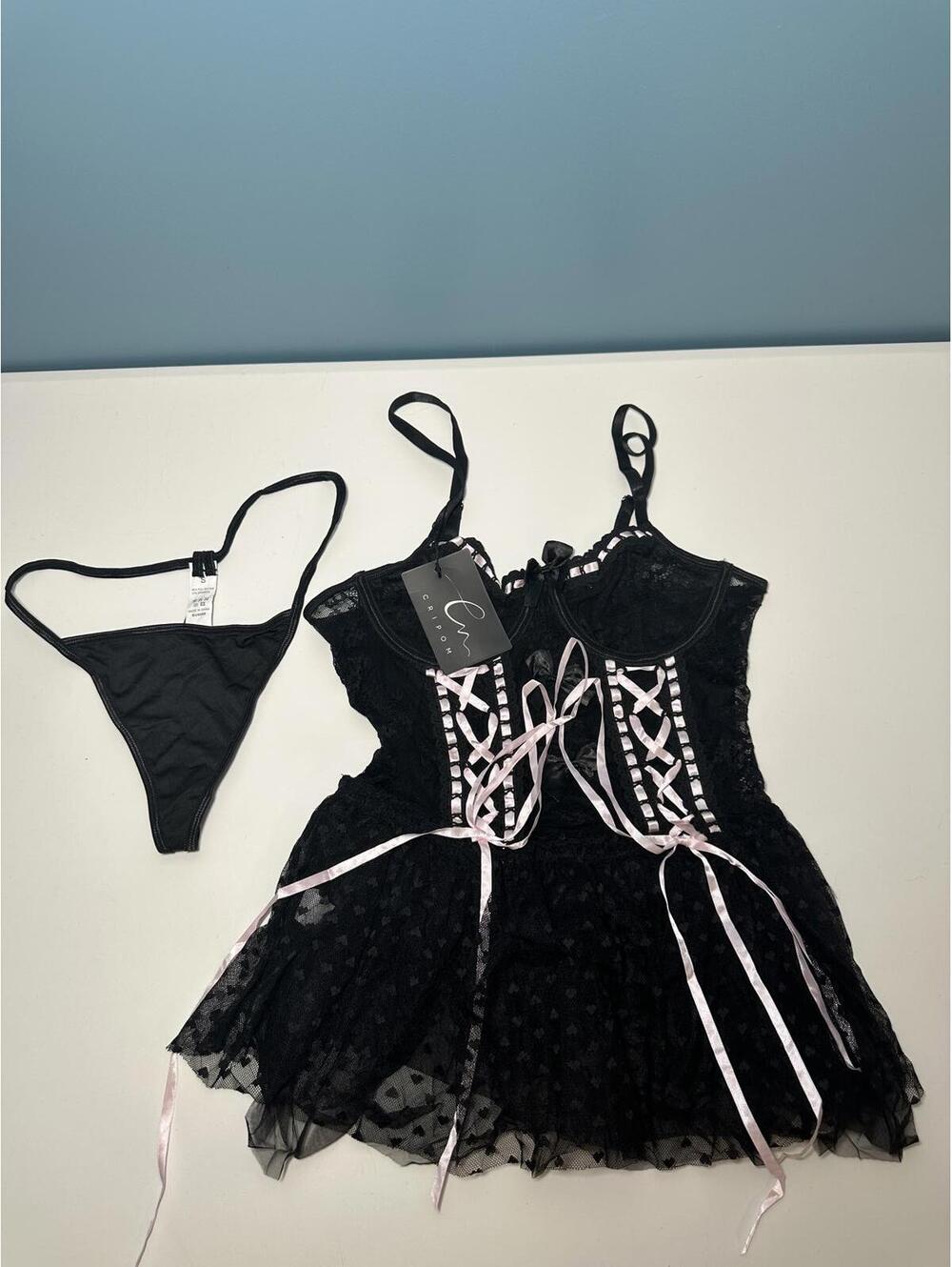 Cripom Black Lace Corset Dress with Pink Ribbon and Matching Thong Set, Size S